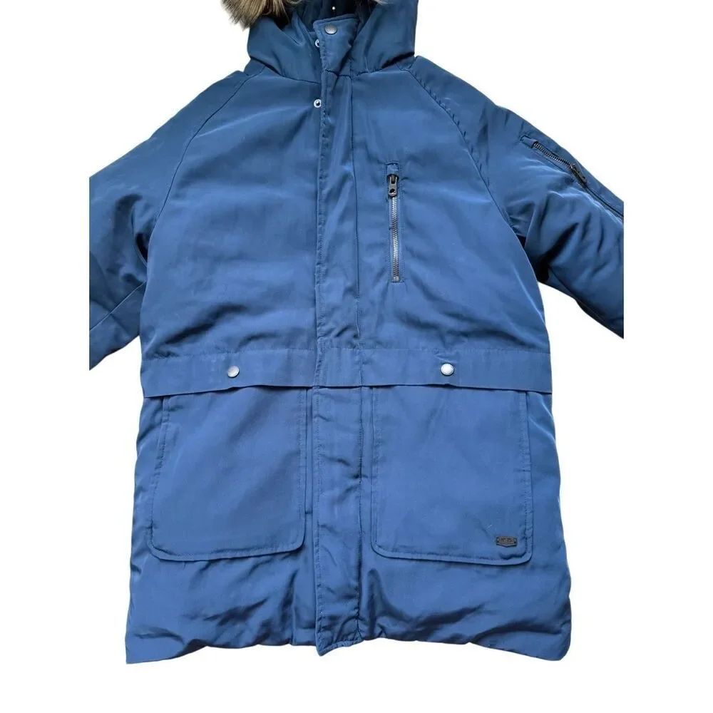 Zara Kids Navy Blue Faux Fur Trim Hooded Full Zip Down Parka Jacket Size 11/12